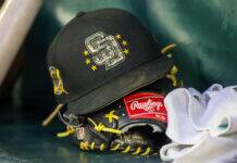 MLB Team Coach Detained By ICE Black baseball glove with bright yellow laces and a Rawlings patch resting on a teal surface, cap perched nearby.